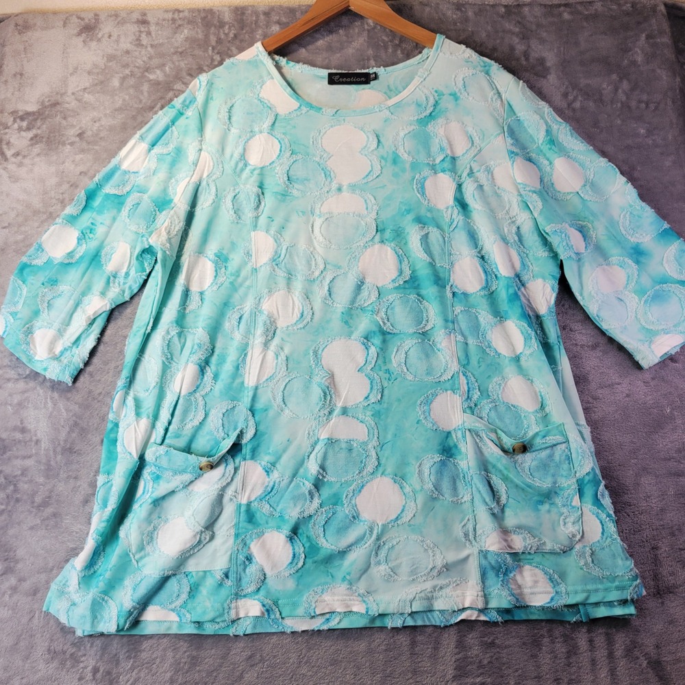 Creation Women 3X Turquoise Tie Dye Textured Circle Tunic Top 3/4 Sleeve Pockets